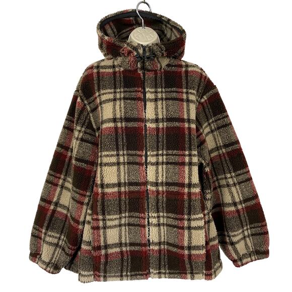 Vintage Woolrich Jacket Womens Large Plaid Sherpa Fleece Hooded Cabincore 90s - Picture 1 of 11